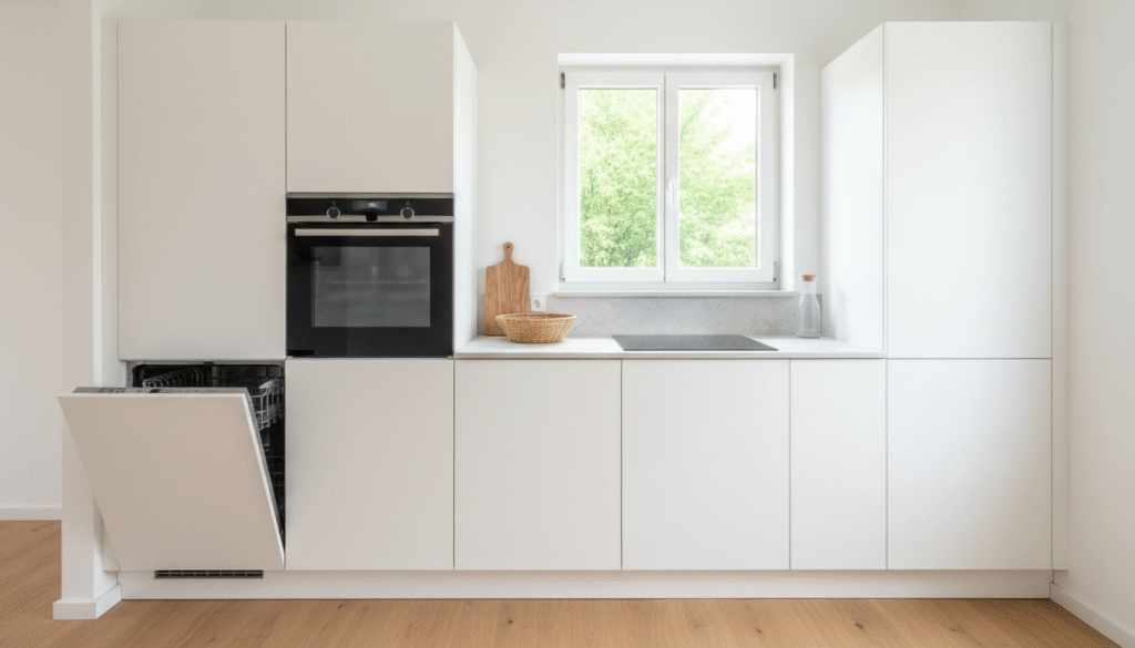 Moderne weiße Küche mit offenem Geschirrspüler