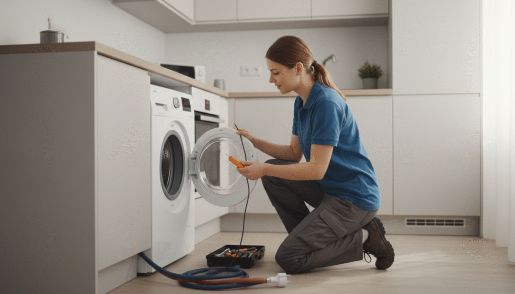 Technikerin überprüft Waschmaschine